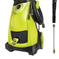 Are there any special considerations when using an adjustable flow rate feature on a powerwasher?